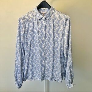 ESQUALO Pattern Silky Pastel Blue Boho Lightweight Button Down Blouse Shirt.